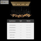Pendant chandelier product view with warm bulbs, metal-glass frame, and hanging clear cords