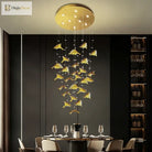 Gold ceiling canopy pendant chandelier with warm lights and hanging gold leaf glass pieces