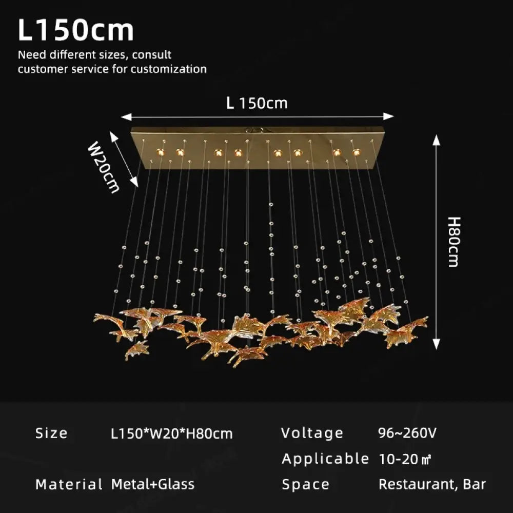Large pendant chandelier diagram with warm bulbs, clear cords, and gold glass leaf accents