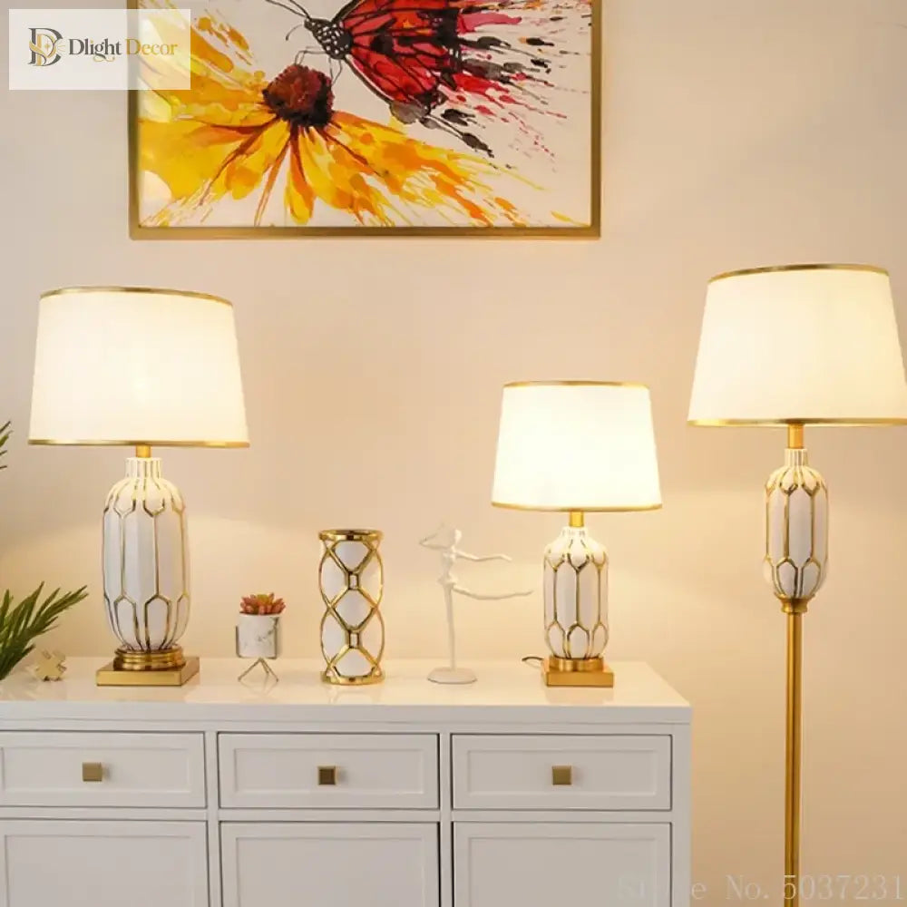 Ceramic LED desk lamps with cream shades and gold honeycomb ceramic bases
