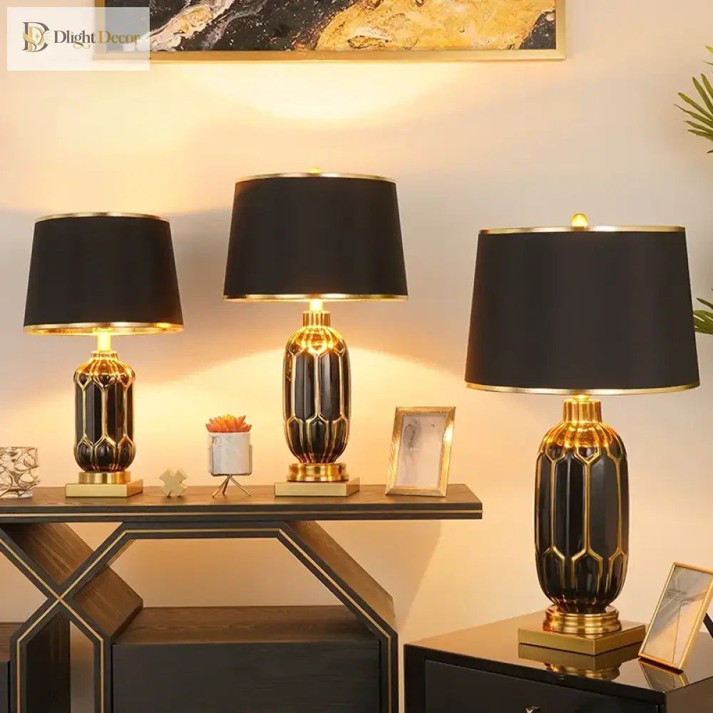 Ceramic LED desk lamp set with black shades and gold honeycomb ceramic bases