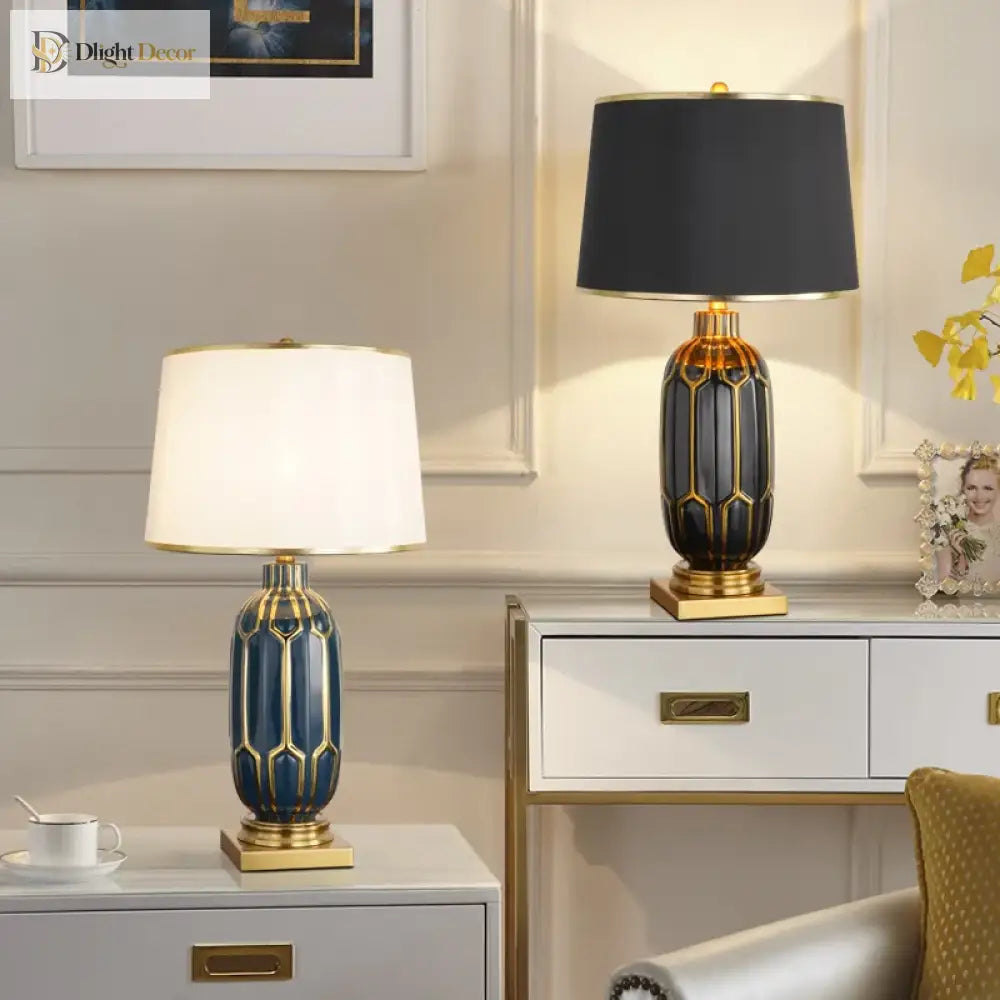 Ceramic LED desk lamp with navy-blue honeycomb base and black pleated shade