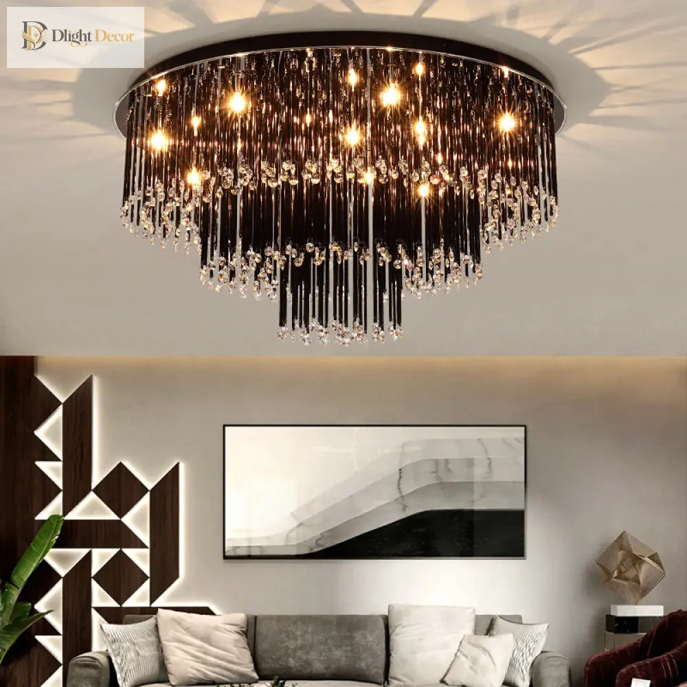 Modern Black Crystal Flush Mount Chandelier Tiered Design 8/10 Bulbs For Bedroom Chandelier