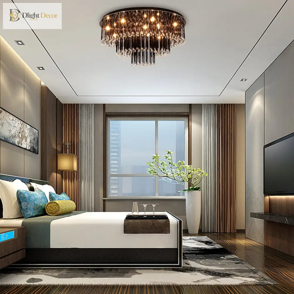 Modern Black Crystal Flush Mount Chandelier Tiered Design 8/10 Bulbs For Bedroom Chandelier