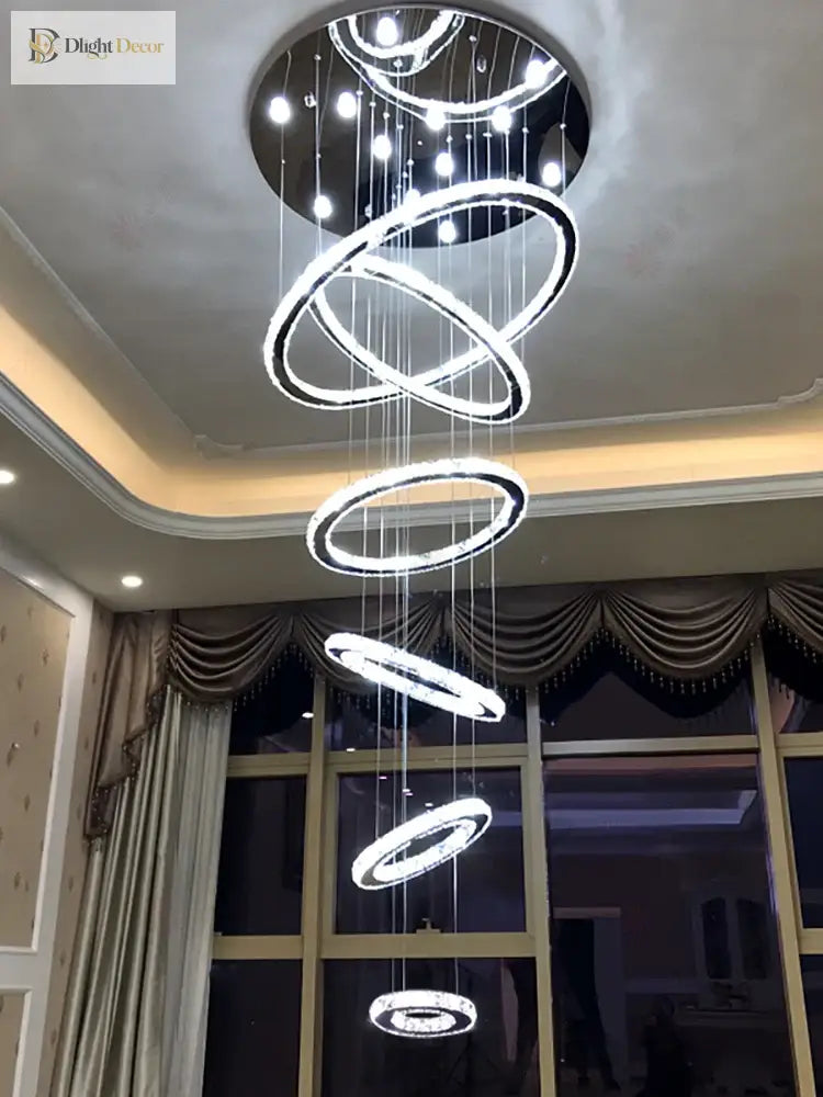 Modern Luxury Crystal Staircase Chandelier - Rings Design For Loft Villa And Lobby Indoor Lighting