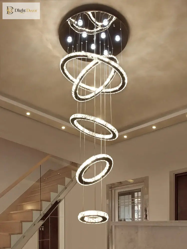 Modern Luxury Crystal Staircase Chandelier - Rings Design For Loft Villa And Lobby Indoor Lighting