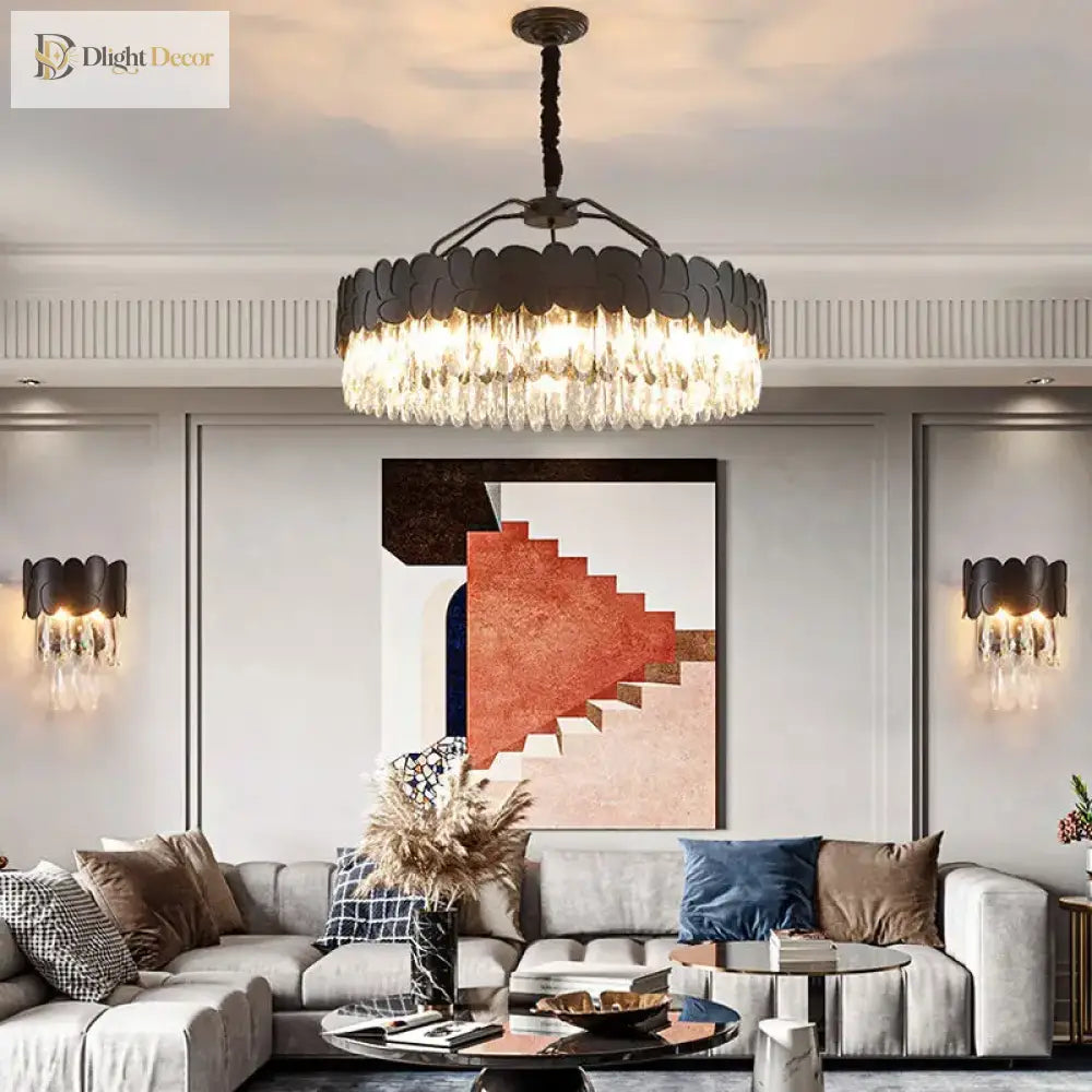 New Design Creative Black/Gold Hall Bedroom Crystal Round Chandelier Modern Rectangular Dining Room