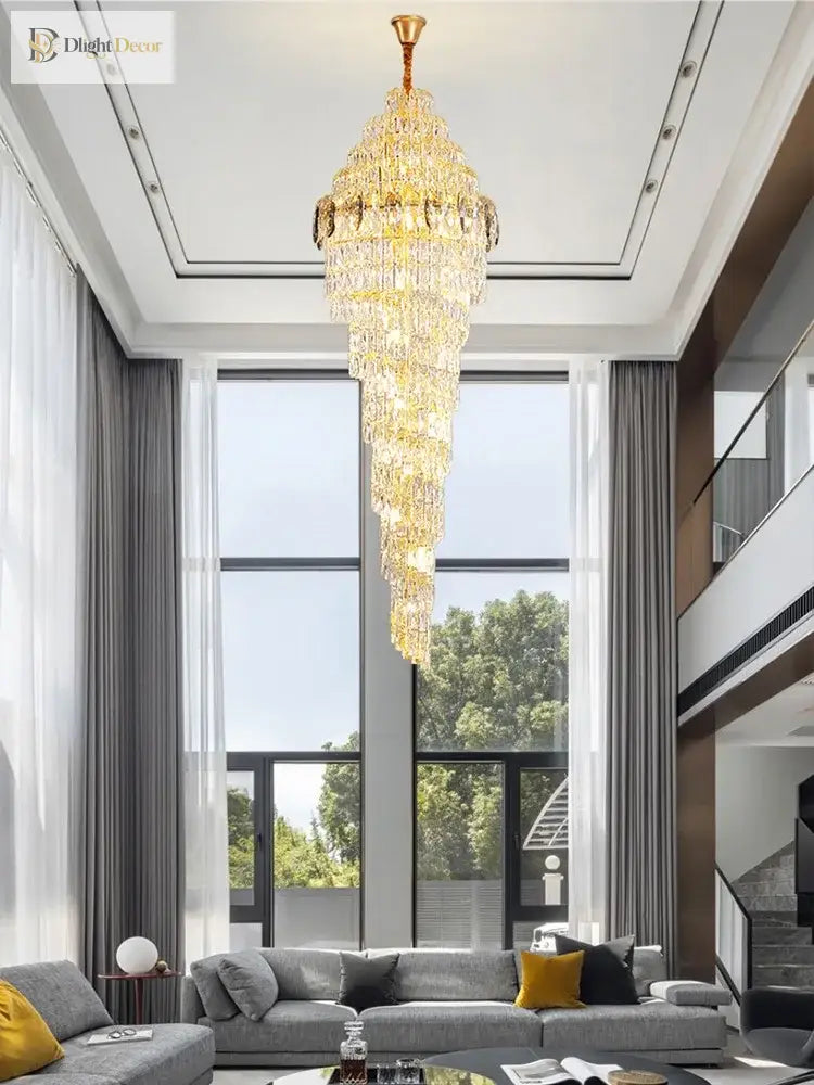 Modern Luxury Staircase Chandelier - Golden Elegance With Crystal Accents For Duplex Buildings High