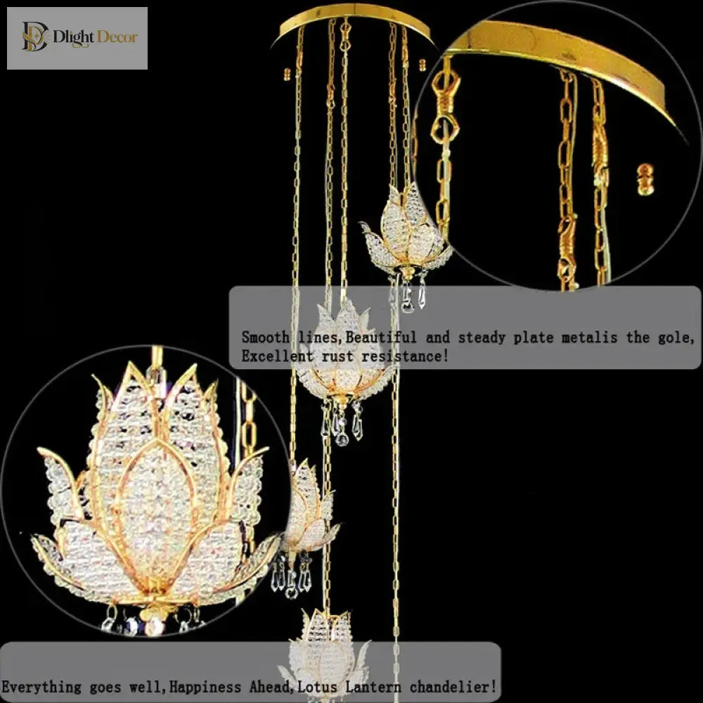 Gold crystal chandelier detail showing thin chains and lotus-shaped crystal shades