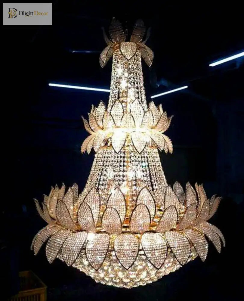 Gold and clear crystal chandelier with tiered lotus design, faceted petals