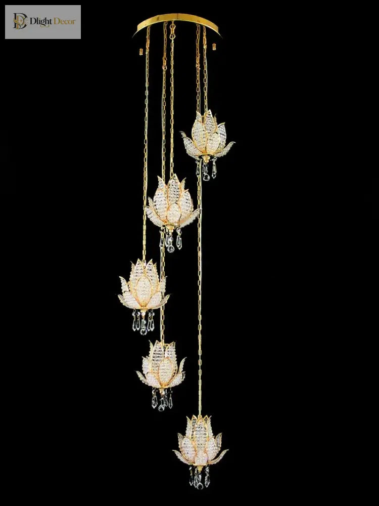 Hanging gold crystal chandelier set with multiple lotus-shaped light fixtures