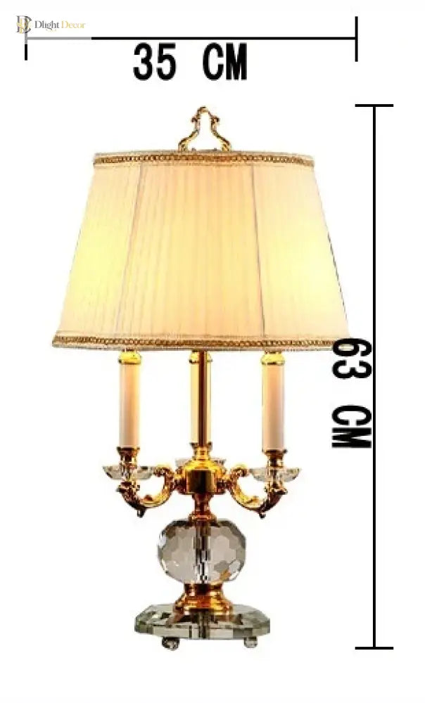 Gold crystal desk lamp with white drum shade, front view and size marking
