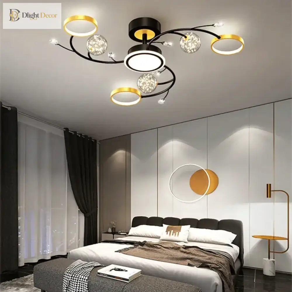 Black Ceiling Chandeliers - Modern Living Room And Hall Light Fixture With Romantic Starry Gold