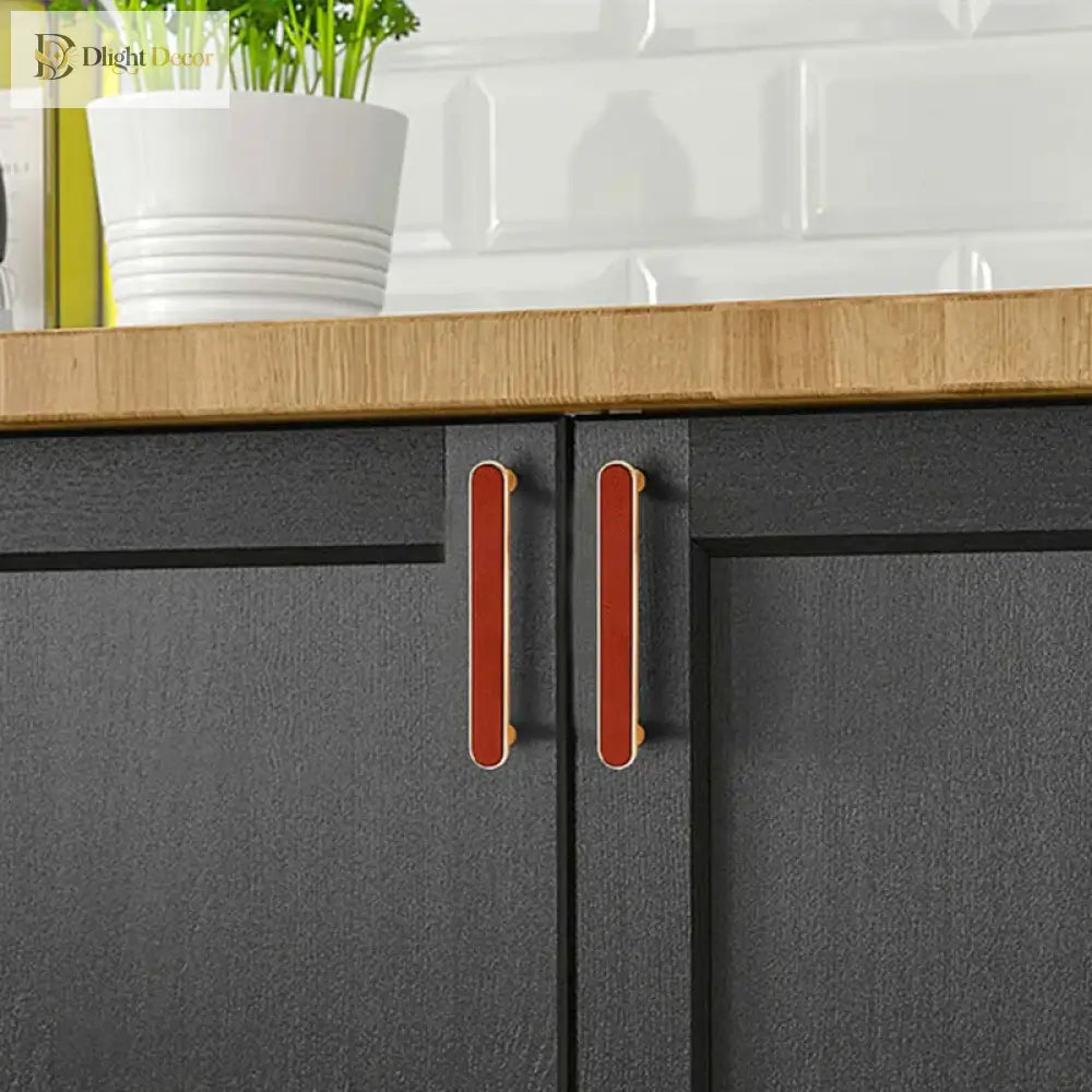 Modern Leather and Zinc Alloy Cabinet Handle – Elegant Drawer Pulls for Kitchen Wardrobe and Furniture (96mm) Handles