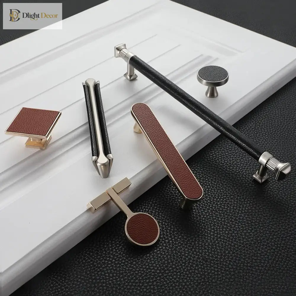 Modern Leather and Zinc Alloy Cabinet Handle – Elegant Drawer Pulls for Kitchen Wardrobe and Furniture (96mm) Handles