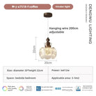 Brown hanging LED light with frosted glass shade and adjustable hanging wire, diagram