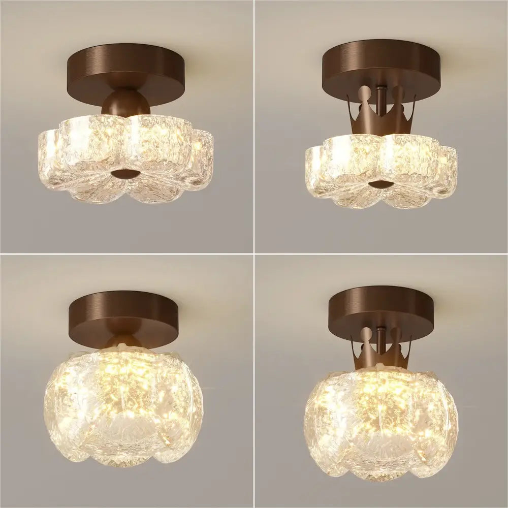 Brown flush-mount LED ceiling light with frosted glass shades and round canopy
