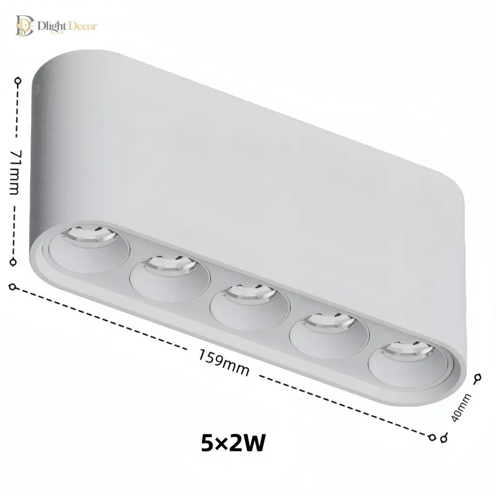 White linear surface-mounted LED ceiling spotlight with five adjustable spotlights