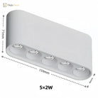 White linear surface-mounted LED ceiling spotlight with five adjustable spotlights