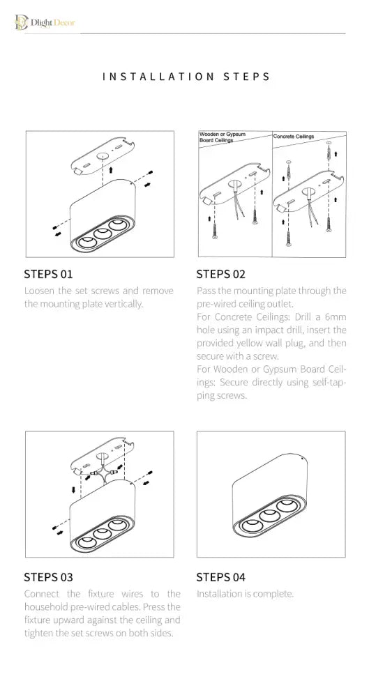 Linear LED ceiling spotlight installation steps diagram with mounting instructions