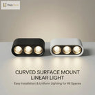 Curved surface-mount linear LED ceiling light, black and white housings with three bulbs