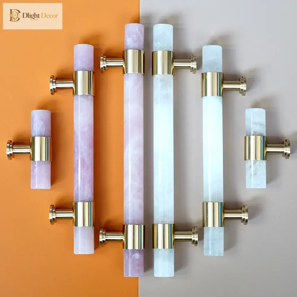 Natural Marble and Crystal T-Bar Cabinet Handles – Modern Brass Knobs for Kitchen Dresser and Furniture Pulls Handles
