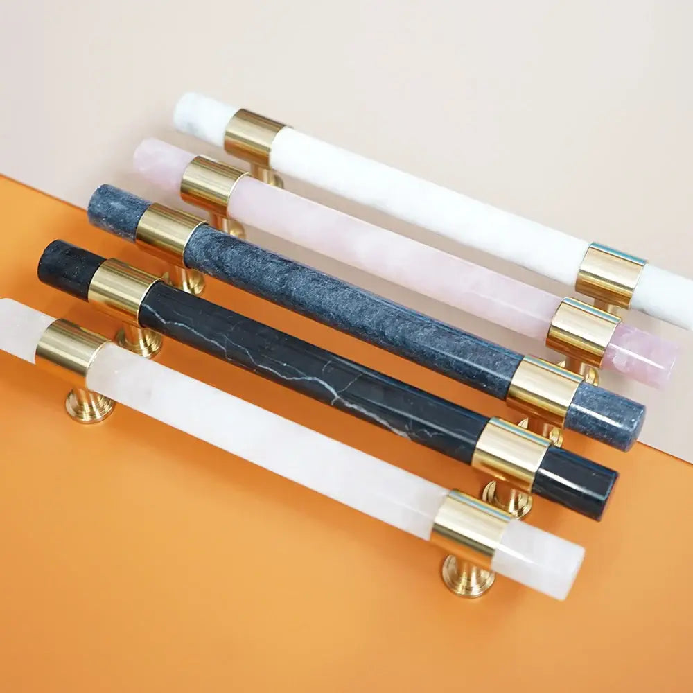 Natural Marble and Crystal T-Bar Cabinet Handles – Modern Brass Knobs for Kitchen Dresser and Furniture Pulls Handles