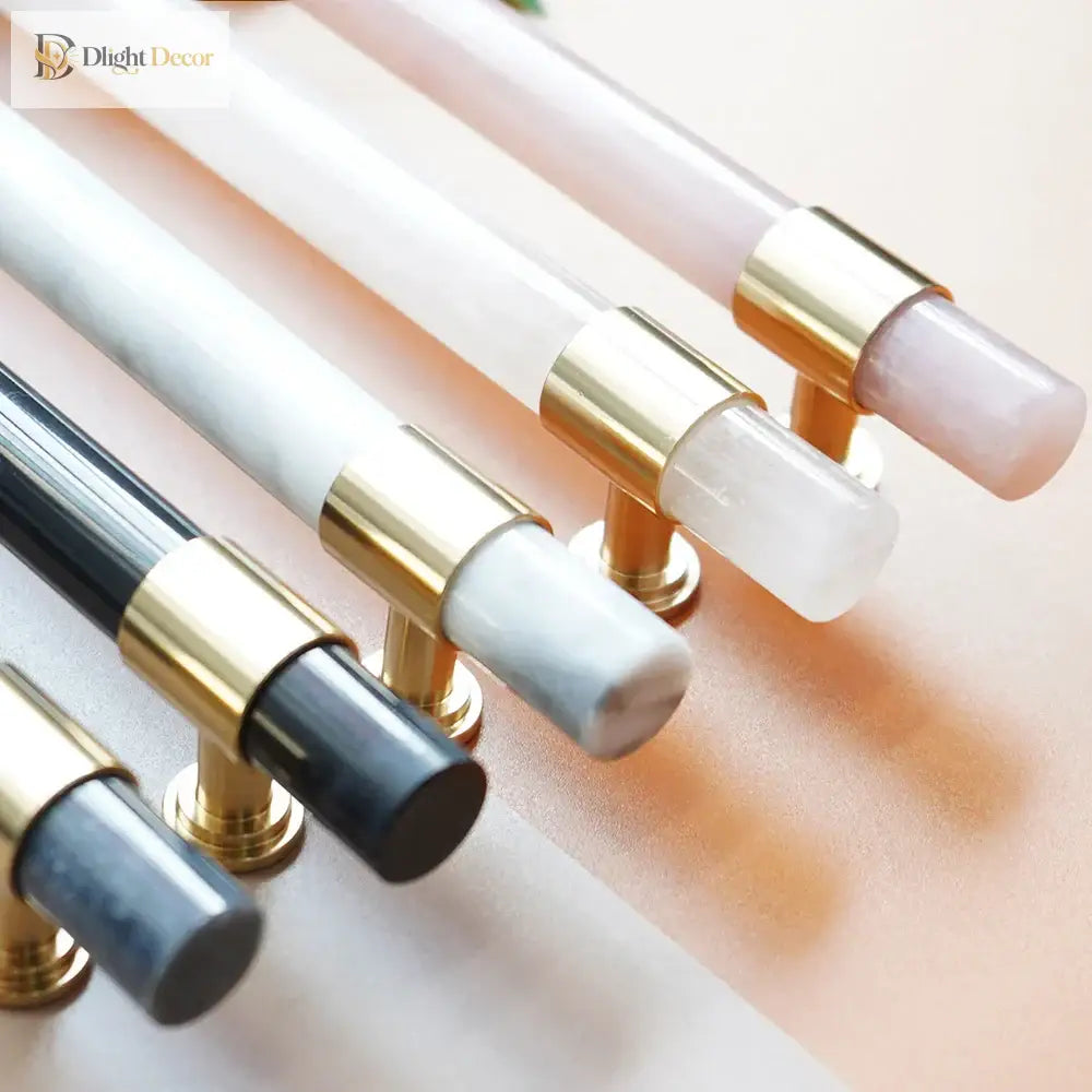 Natural Marble and Crystal T-Bar Cabinet Handles – Modern Brass Knobs for Kitchen Dresser and Furniture Pulls Handles
