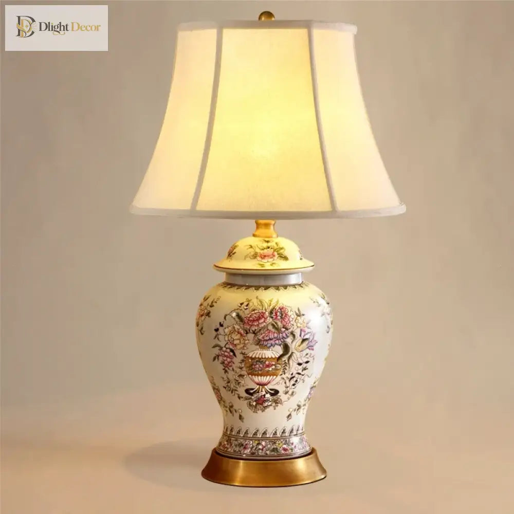 Neoclassical LED desk lamp with ivory shade and gold-lidded floral porcelain base