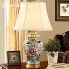 Neoclassical LED desk lamp with ivory fabric shade and floral porcelain base
