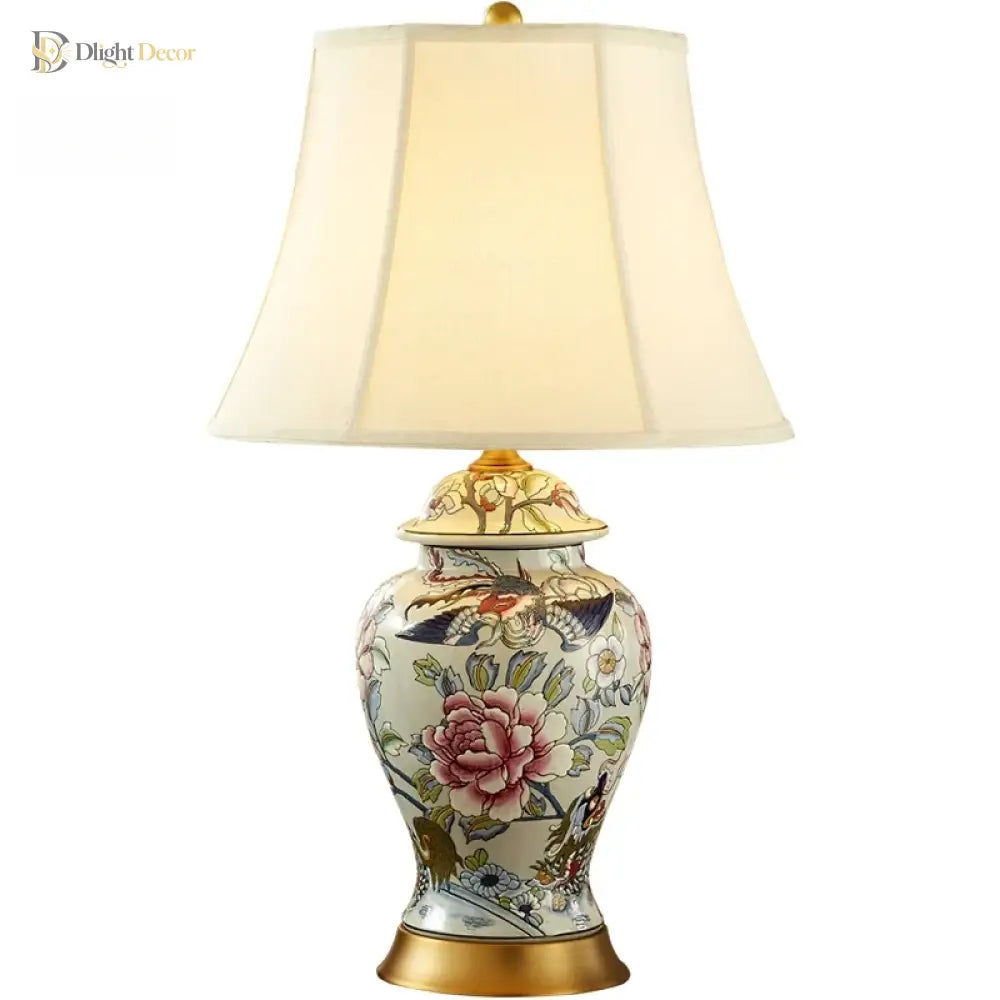 Neoclassical LED desk lamp with ivory fabric shade and floral porcelain urn-style base