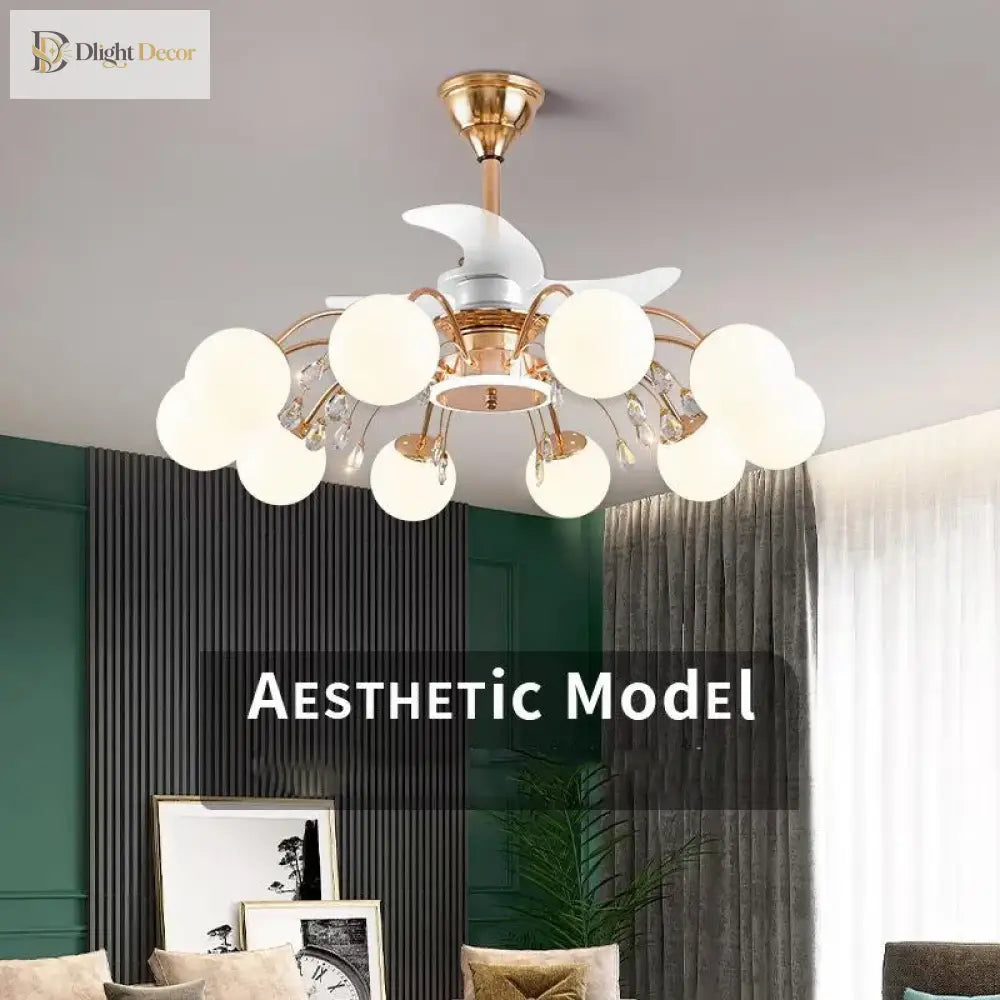 Nordic Living Room Fan Lamp Frequency Conversion Restaurant Ceiling Invisible Light Luxury Cystal