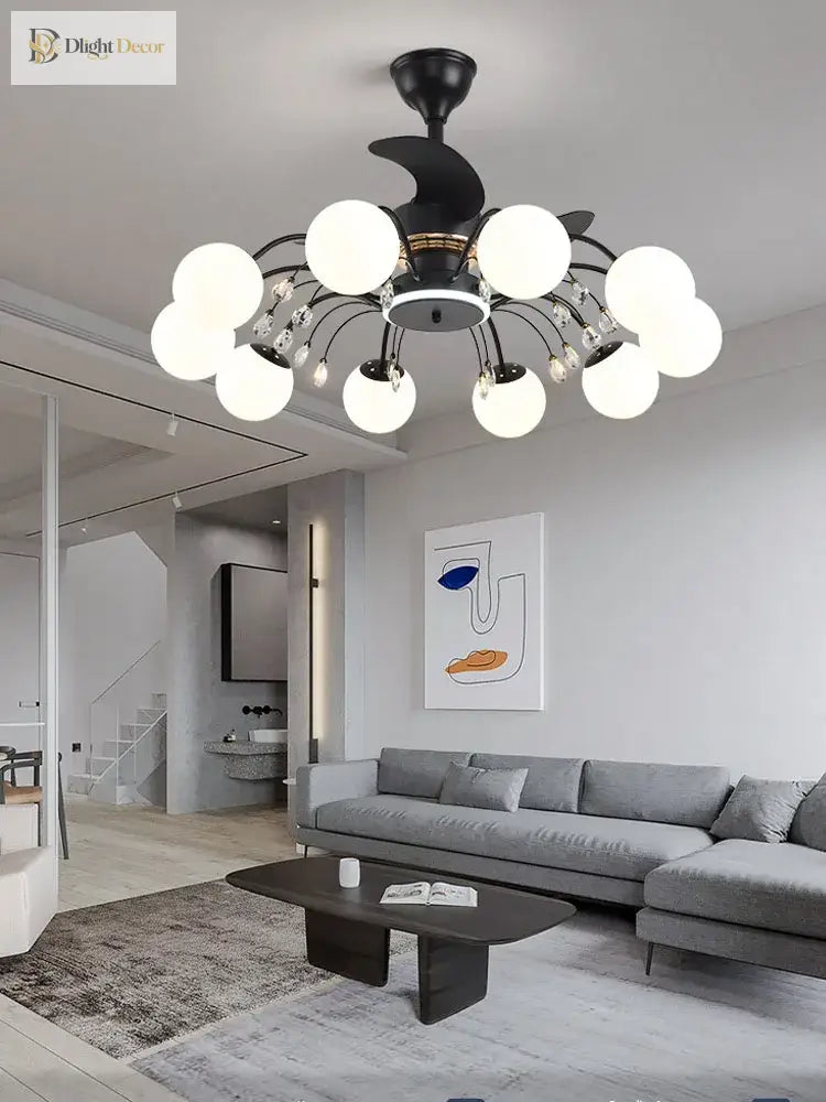 Nordic Living Room Fan Lamp Frequency Conversion Restaurant Ceiling Invisible Light Luxury Cystal