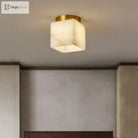 Gold copper art deco LED ceiling light with marble-pattern cube shade