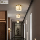 Art deco LED ceiling light with gold copper top and marble-pattern cube shade