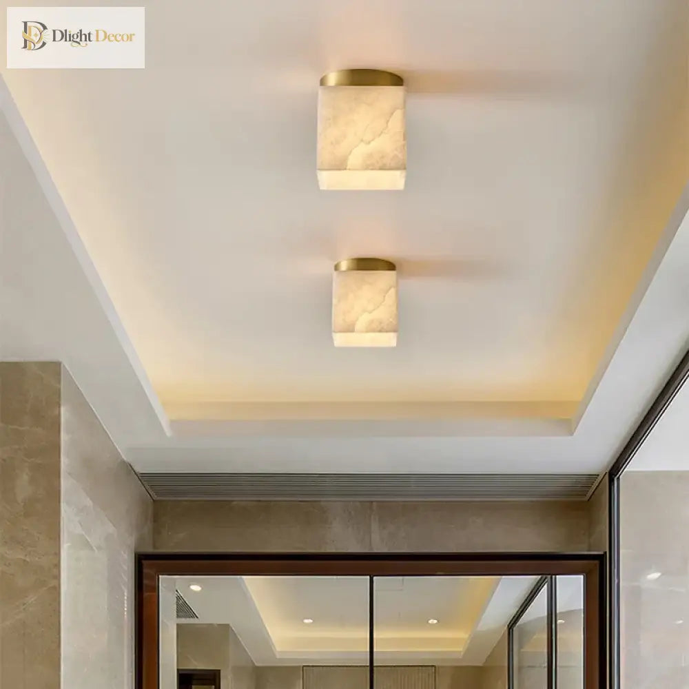 Art deco LED ceiling light cluster with gold copper frame and marble-pattern shades
