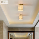 Art deco LED ceiling light cluster with gold copper frame and marble-pattern shades