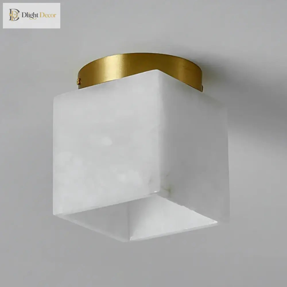 Gold copper art deco LED ceiling light with frosted marble-pattern cube shade