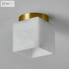 Gold copper art deco LED ceiling light with frosted marble-pattern cube shade