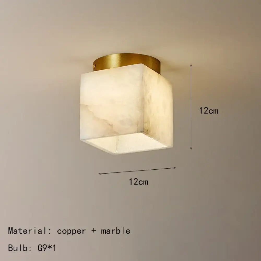 Art deco LED ceiling light, 12cm size, gold copper base with marble-pattern cube shade