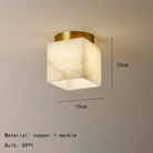 Art deco LED ceiling light, 15cm size, gold copper base with marble-pattern cube shade
