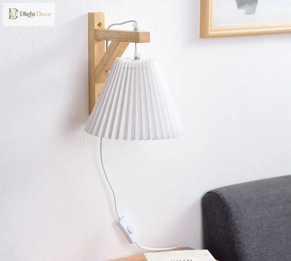 Nordic Pleated Solid Wood Wall Lamp With Plug - Simple And Stylish Lighting For Bedroom Bedside