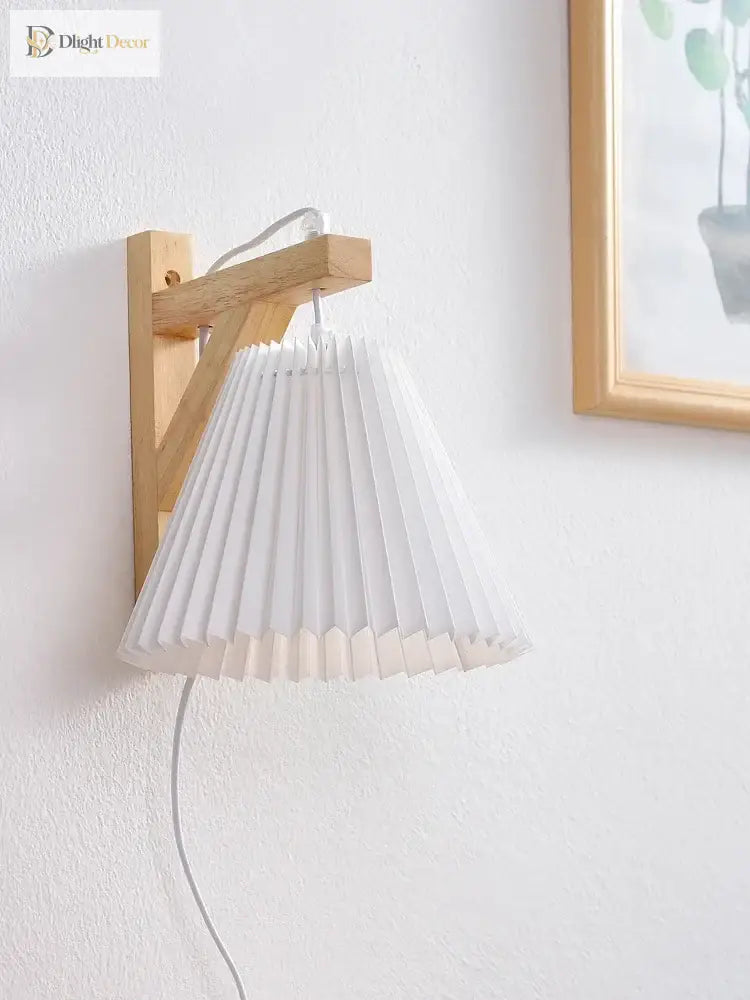 Nordic Pleated Solid Wood Wall Lamp With Plug - Simple And Stylish Lighting For Bedroom Bedside