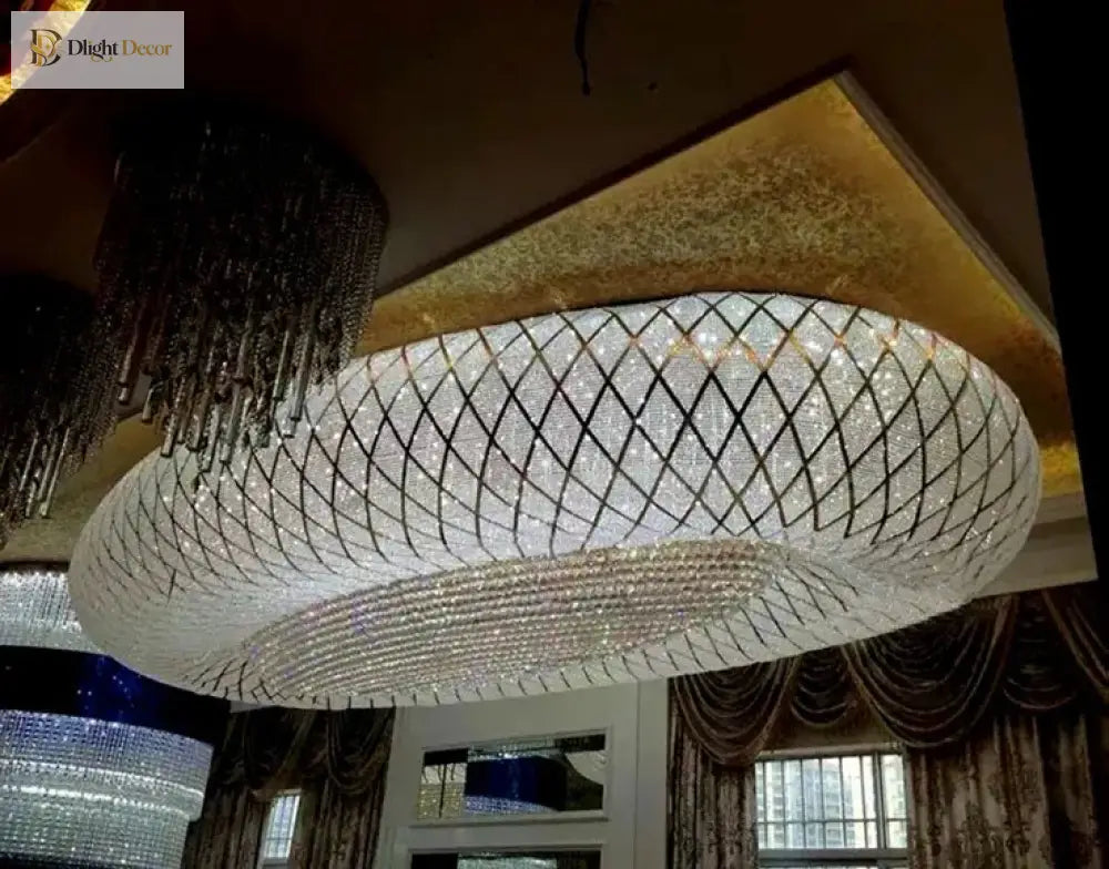 Oval ring-style chandelier with white crystal mesh and dense dangling bead fringe