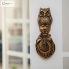 Victorian cast brass owl door knocker on door, front view with ribbed body and carved crest