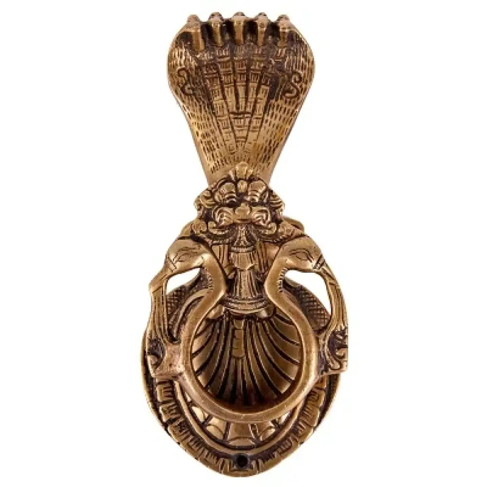 Victorian cast brass owl door knocker rear view with carved wings and circular mounting plate