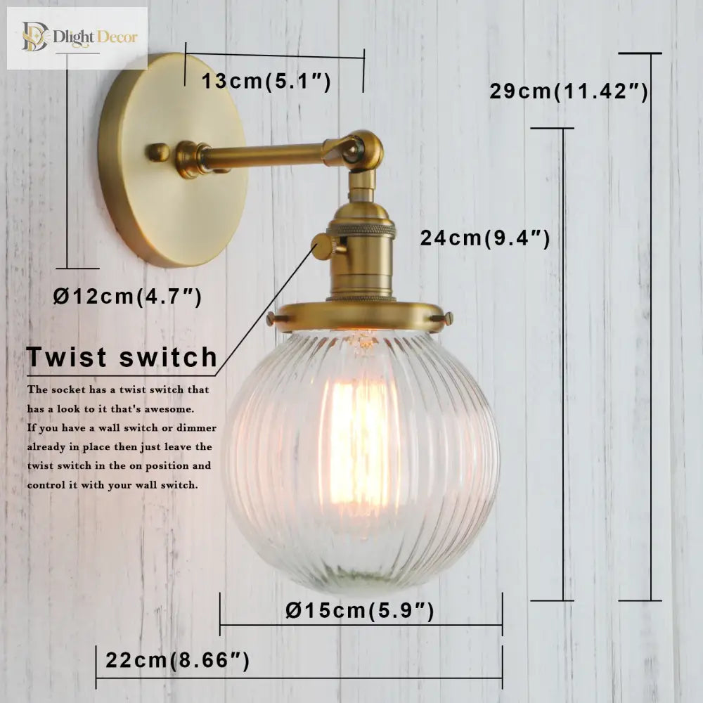 Permo Industrial Ribbed Globe Glass Wall Light - Stylish Switched Sconces For Kitchen Living Room