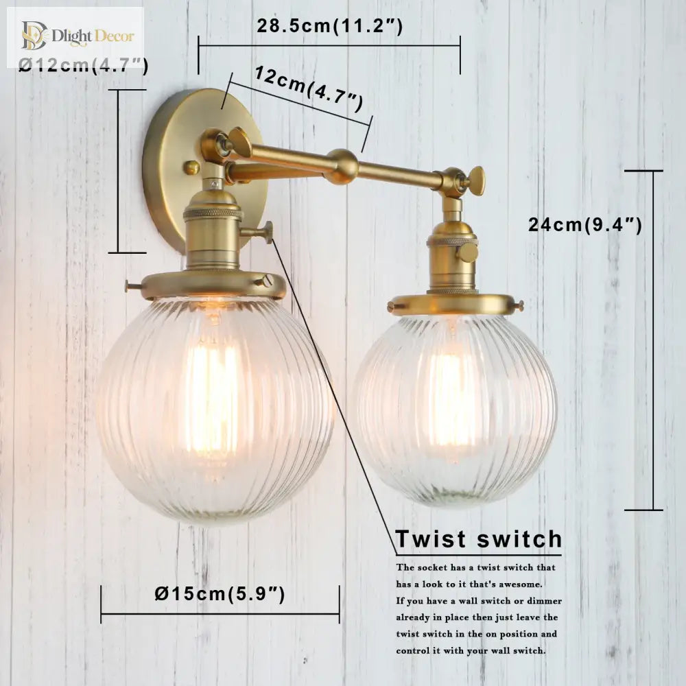 Phansthy Vintage Double Head Wall Sconces - Retro Rustic Lamps With Globe Glass Shades And Switch