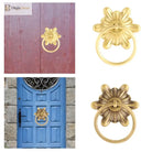 Gold-tone and bronze-tone floral ring pull door knockers on a split layout