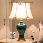 Teal ceramic LED desk lamp; pleated shade size 30cm, height 55cm